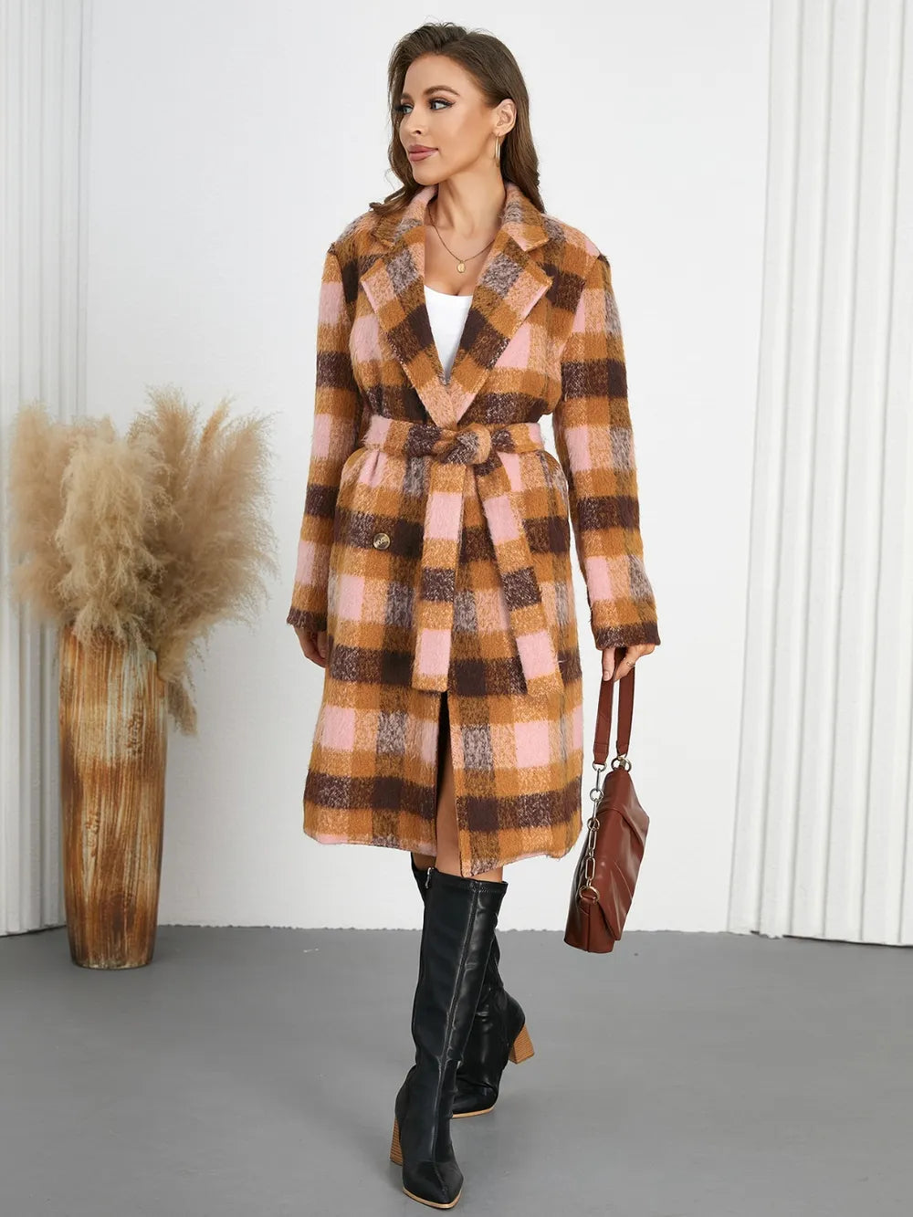 Tied Plaid Collared Neck Coat - Watermelon Pink