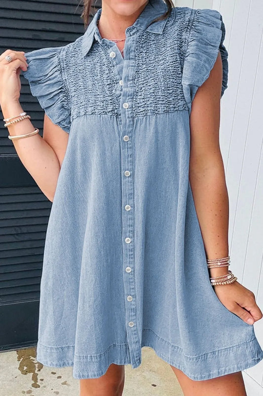 Smocked Collared Neck Cap Sleeve Denim Dress - Medium