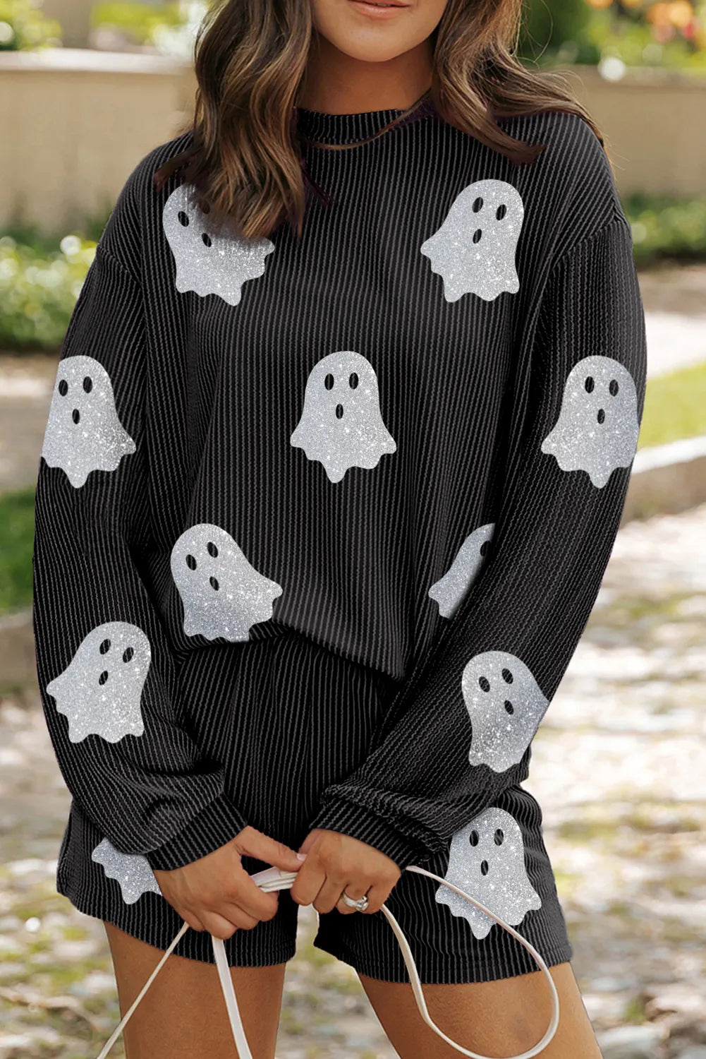 Glitter Ghost Round Neck Long Sleeve Top and Shorts Set - Black