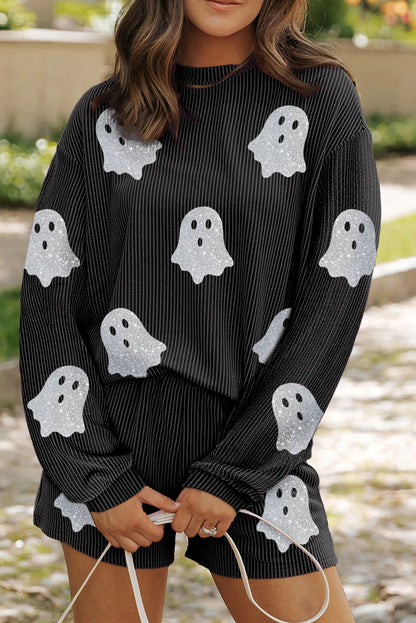 Glitter Ghost Round Neck Long Sleeve Top and Shorts Set - Black