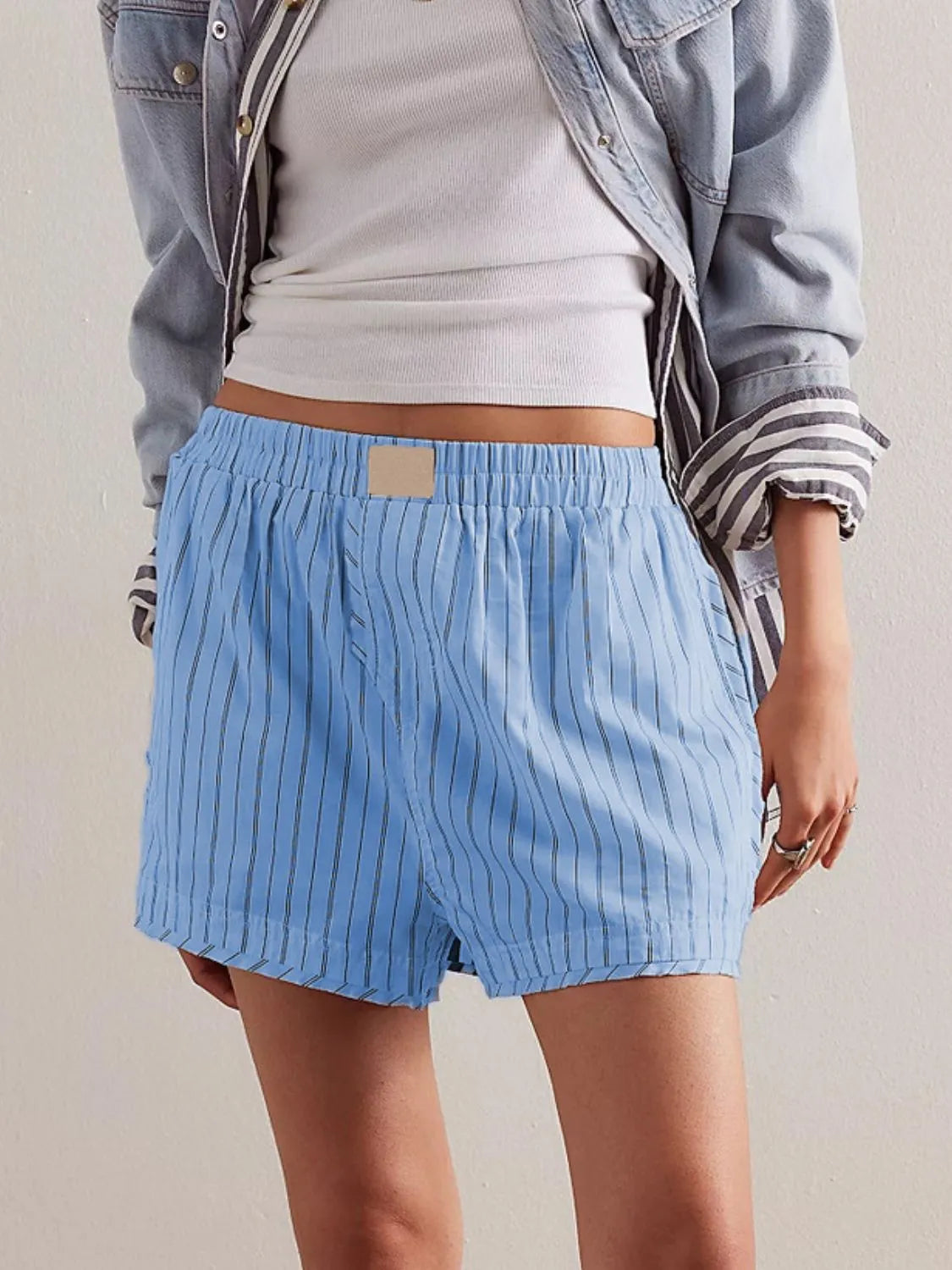 Striped Elastic Waist Shorts - Light Blue