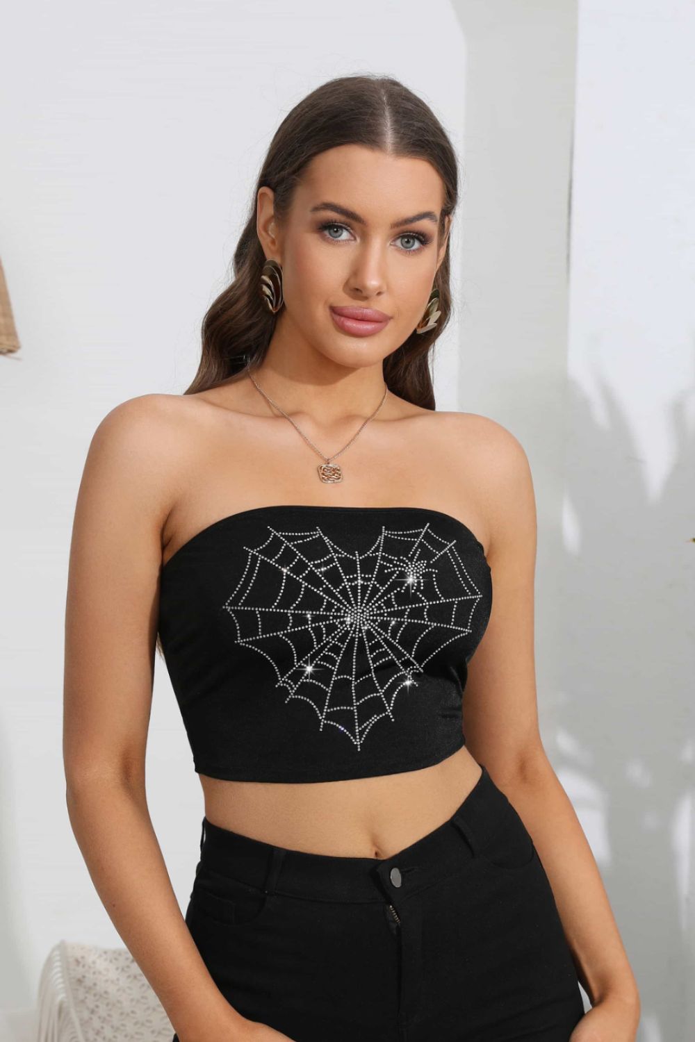 Heart Spider Web Graphic Tube Top - Black