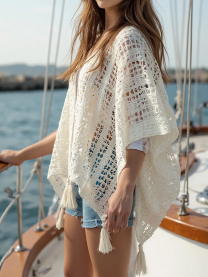 Openwork Tassel Open Front Knit Cover-Up - Cream One Size