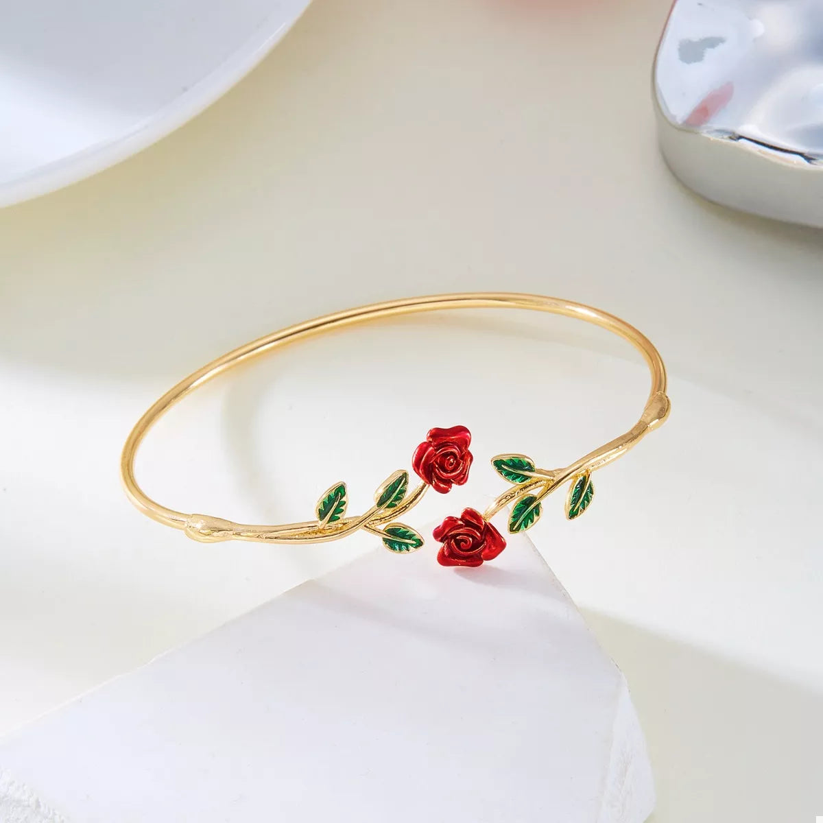 Rose Bypass Ring and Bracelet Jewelry Set -