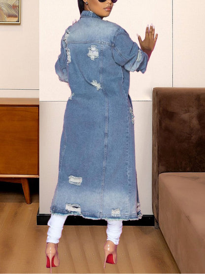 Long Sleeve Raw Hem Denim Jacket -