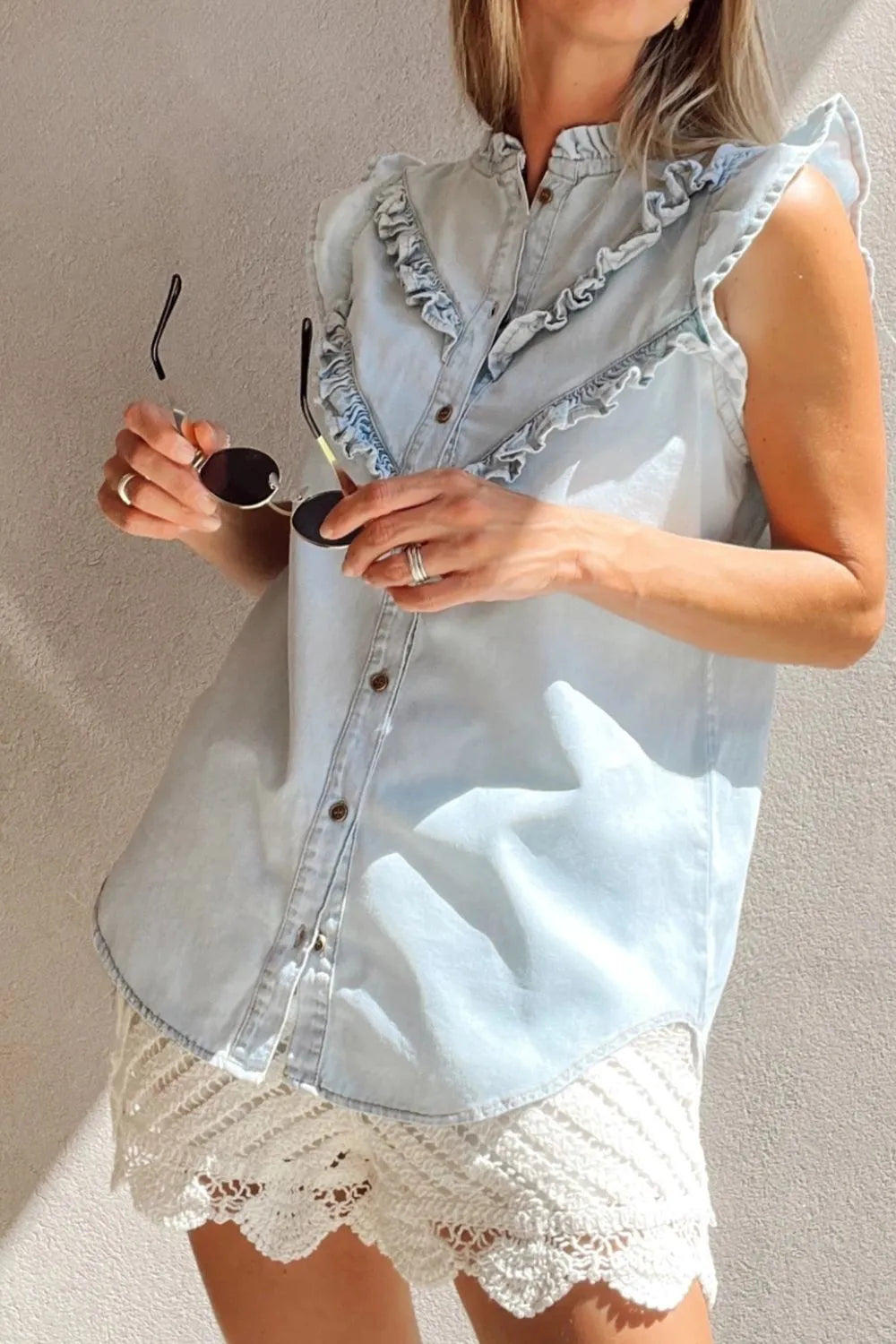 Frill Button Down Ruffled Denim Top -