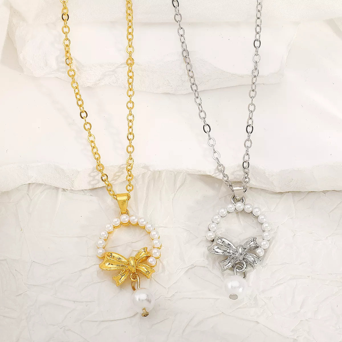 Bowknot Pearl Earrings and Pendant Necklace Jewelry Set -
