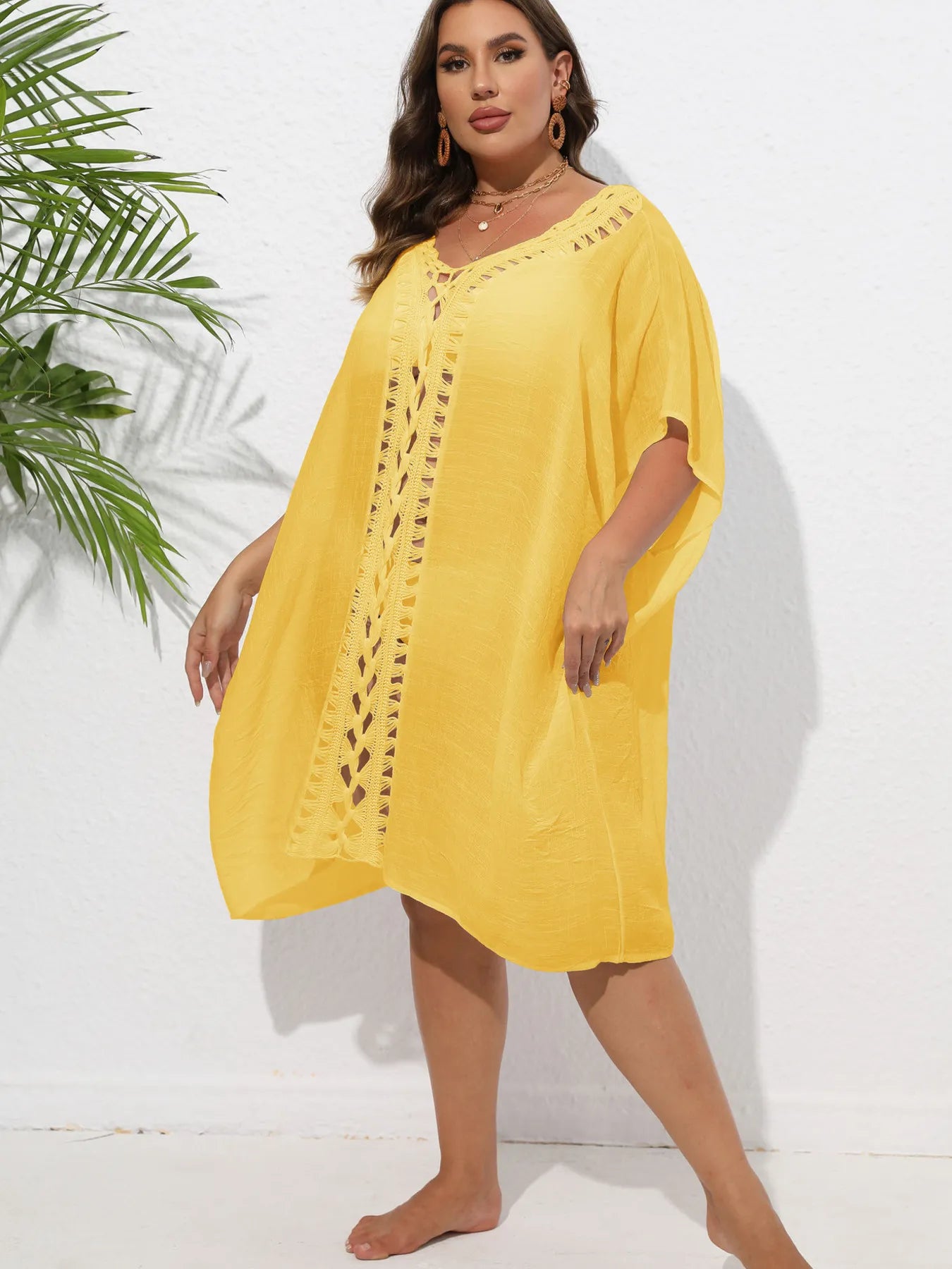 Crochet Trim V-Neck Beach Cover-Up Dress -
