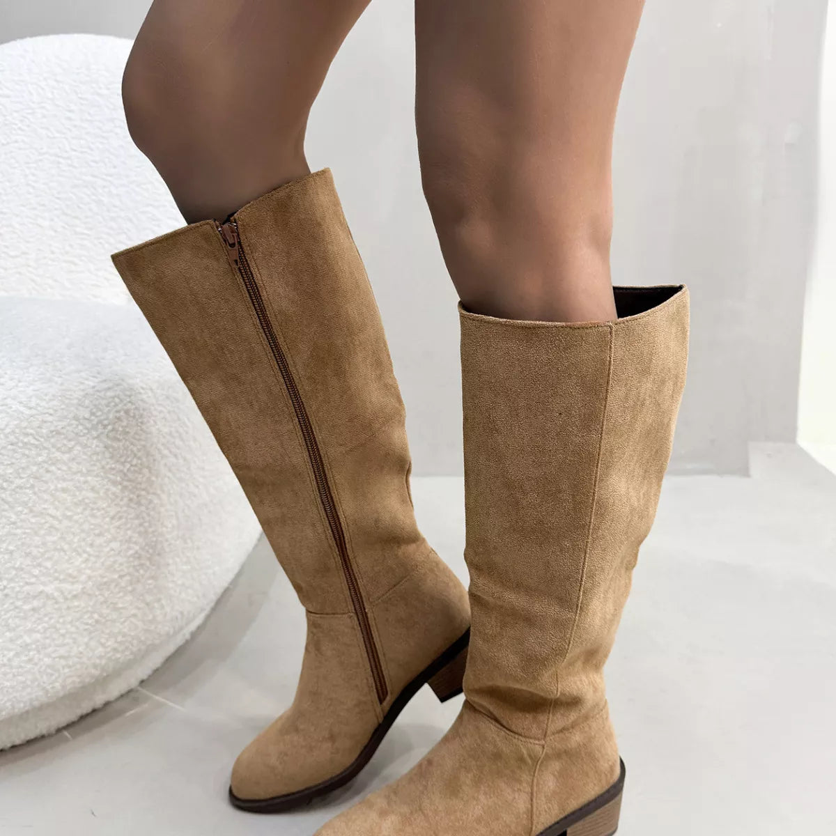 Side Zipper Closure Suede Knee-High Boots -