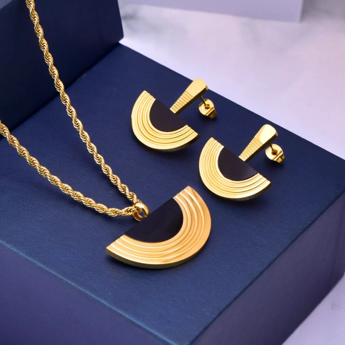 Geometric Half-Circle Necklace Ring and Earrings Jewelry Set -