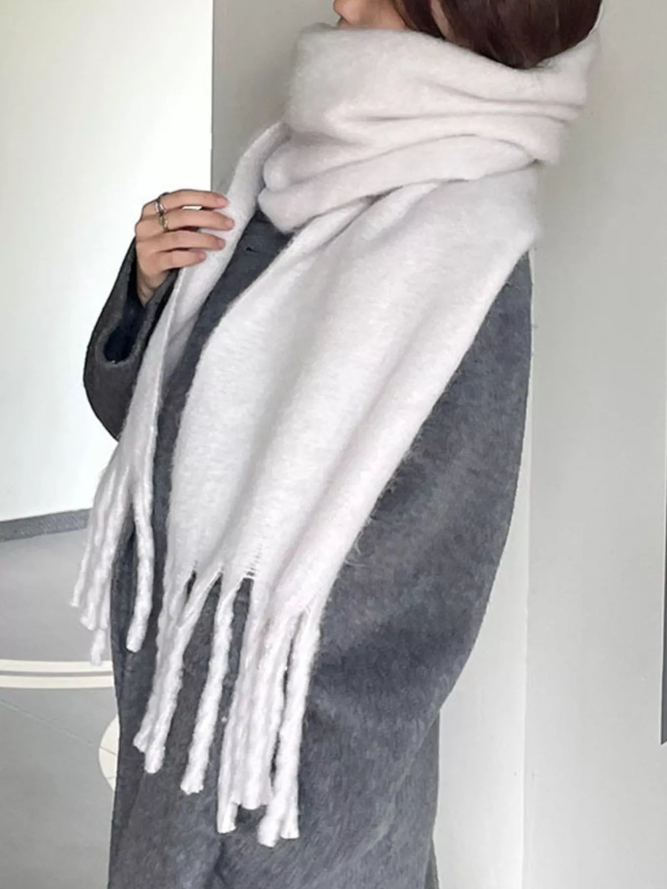 Solid Color Fringe Scarf - White One Size