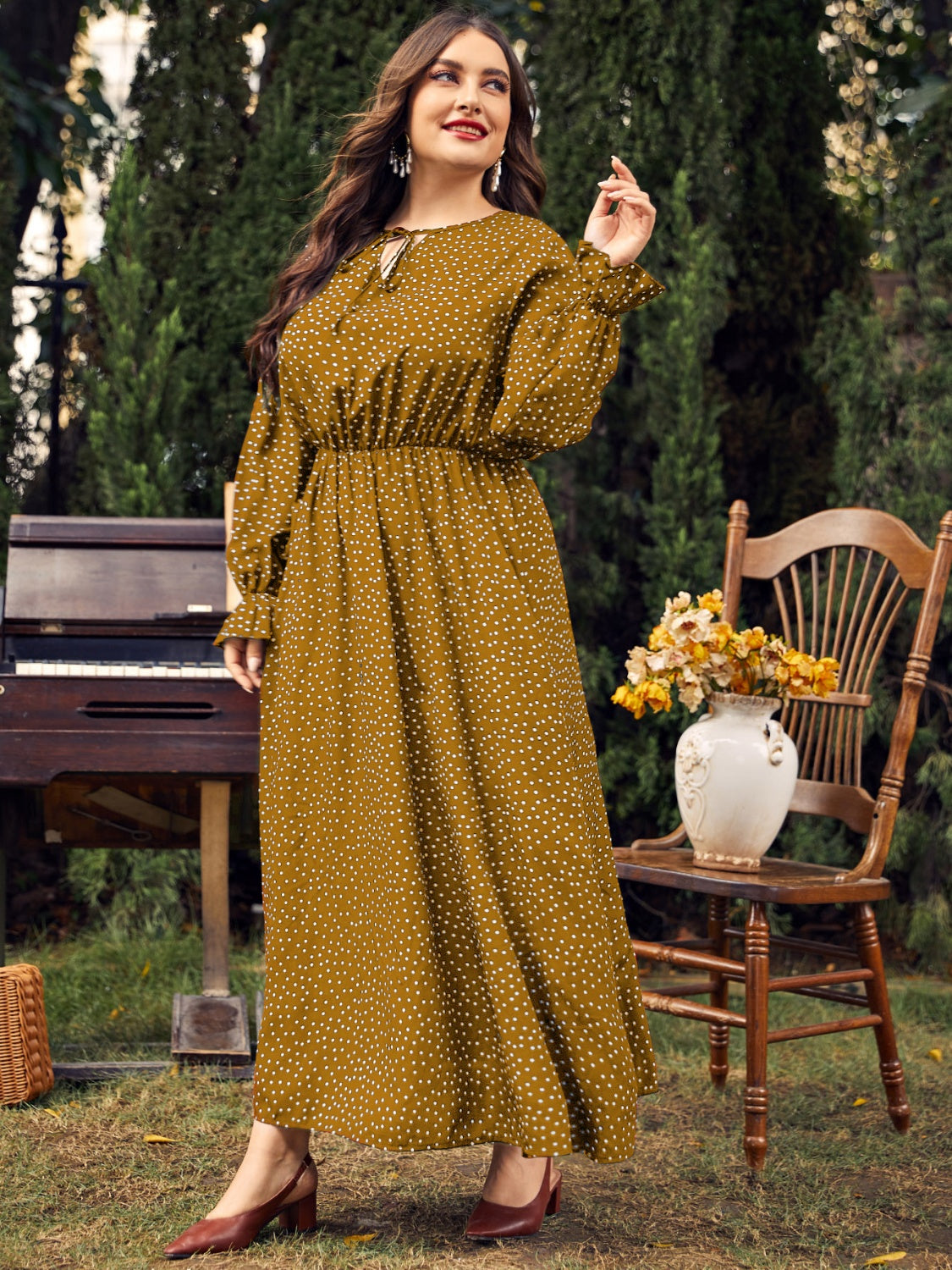 Plus Size Ruffled Polka Dot Long Sleeve Midi Dress - Olive