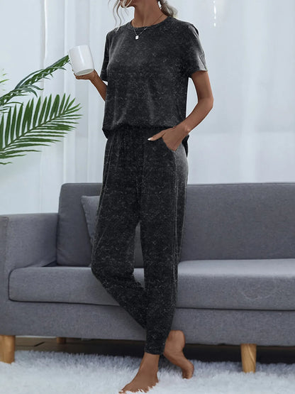 Round Neck Short Sleeve Top and Pants Lounge Set -