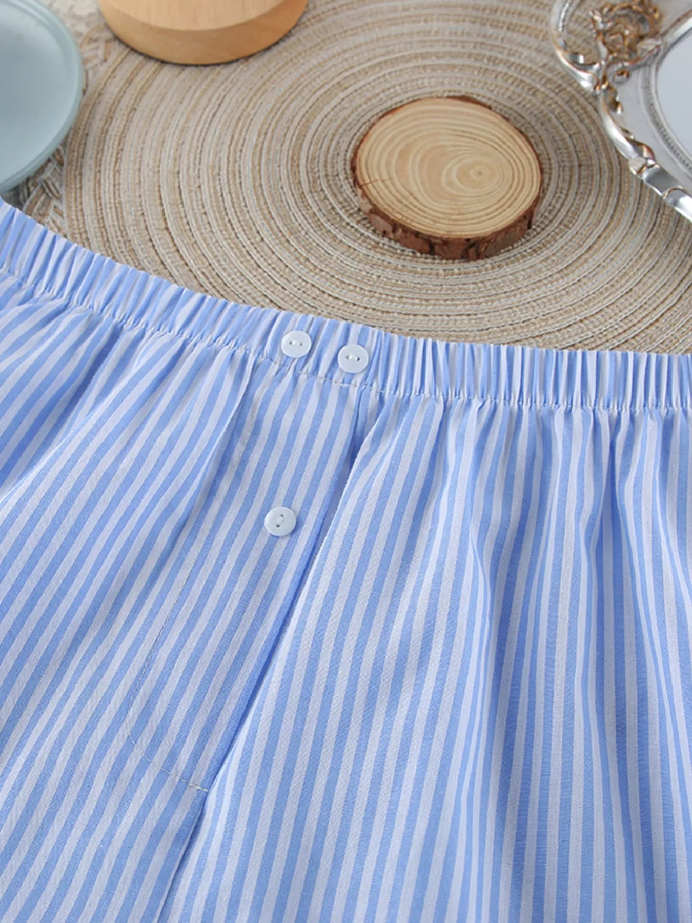 Striped Button Up Shirt and Shorts Lounge Set -