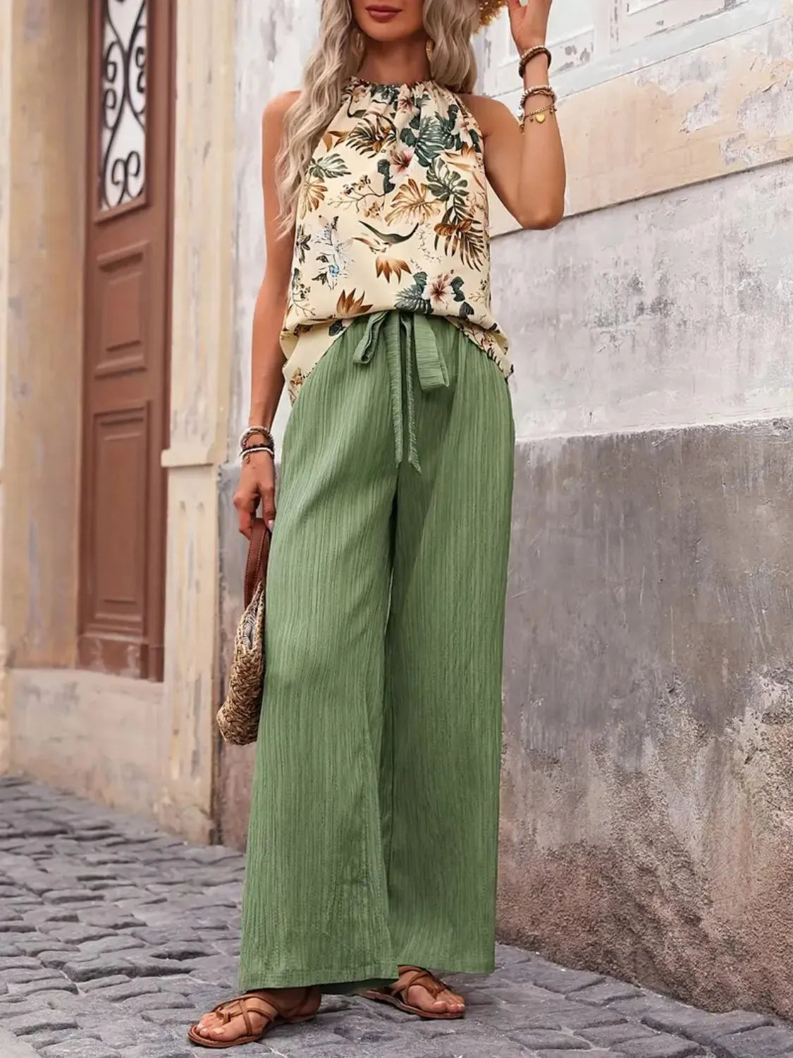 Printed Tank Top and Wide Leg Pants Set -