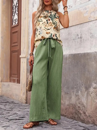 Printed Tank Top and Wide Leg Pants Set -