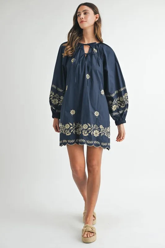Embroidered Long Sleeve Peasant Mini Dress -