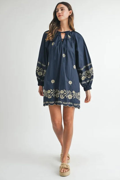 Embroidered Long Sleeve Peasant Mini Dress -