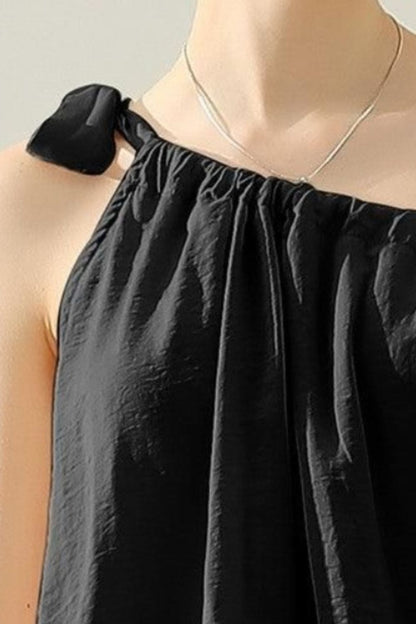 One Shoulder Bow Tie Strap Satin Silk Top - Black