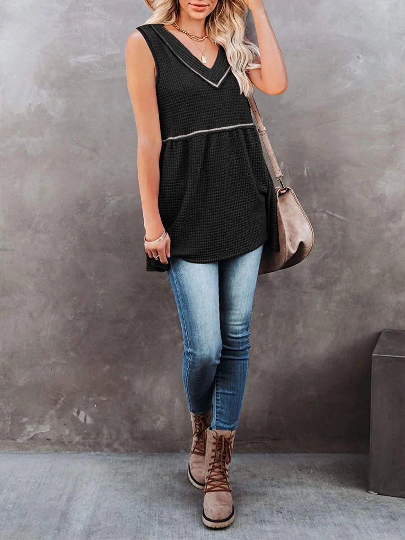 V-Neck Contrast Trim Waffle Knit Tank Top - Black