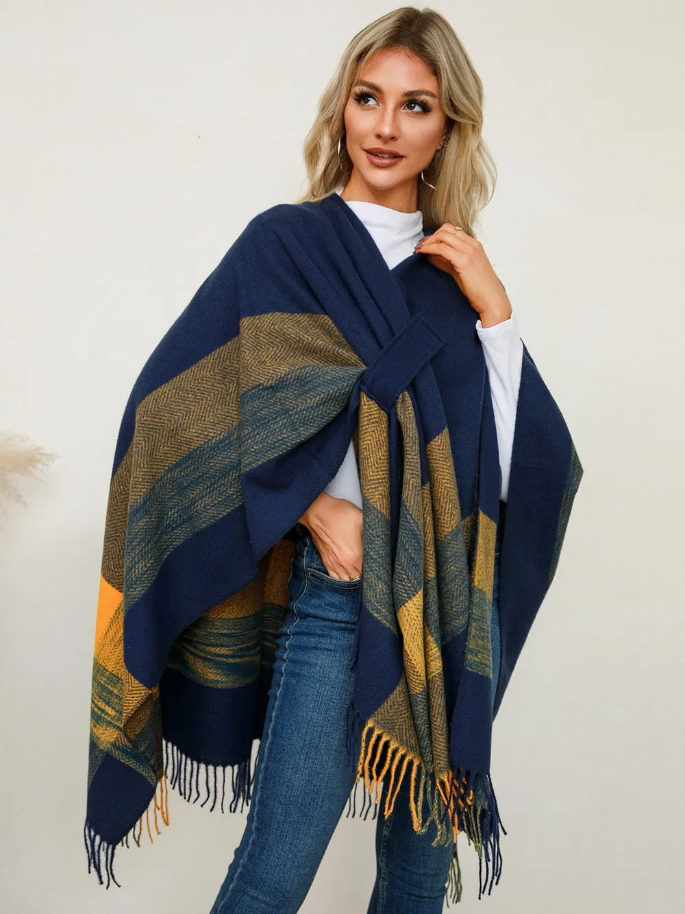 Fringe Contrast Plaid Poncho - Navy One Size