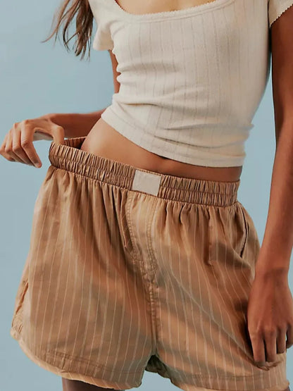 Striped Elastic Waist Shorts - Tan