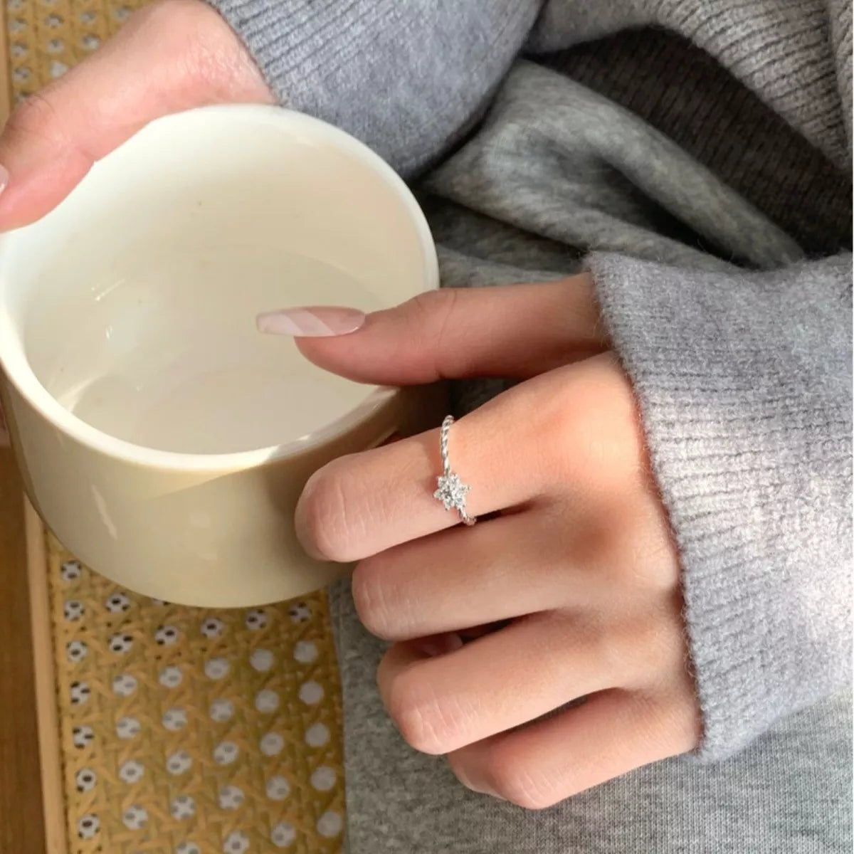 Sterling Silver Zircon Flower Open Ring -