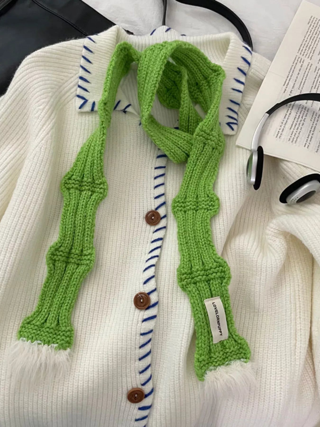 Knitted Plush Trim Scarf - Green One Size