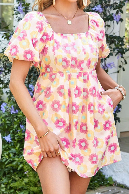 Floral Square Neck Puff Sleeve Flared Dress -