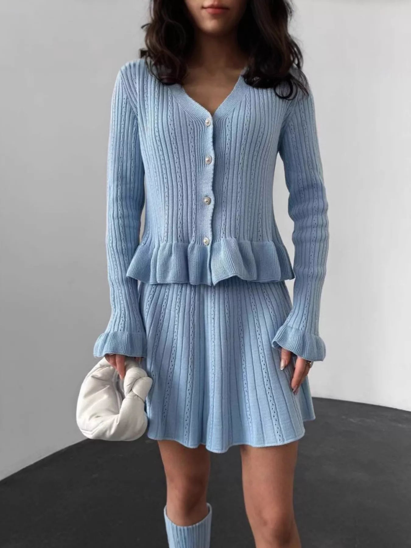 Ruffle Trim Knit Cardigan and Skirt Set - Light Blue