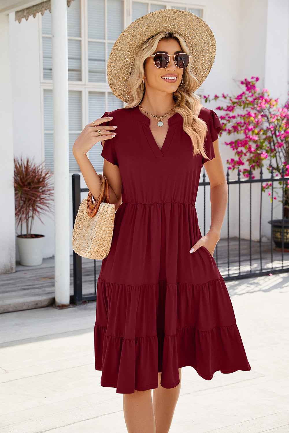 Ruched Notched Cap Sleeve Dress | AdoreStarr