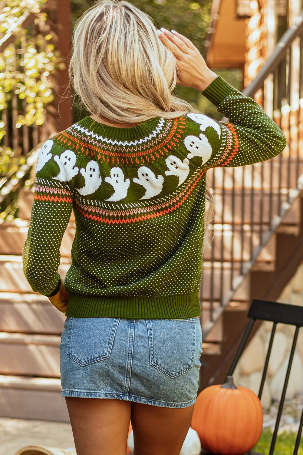 Ghost Round Neck Long Sleeve Sweater - Moss