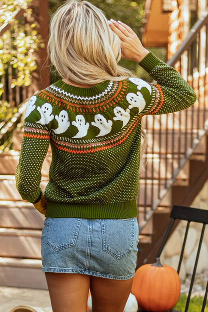 Ghost Round Neck Long Sleeve Sweater - Moss
