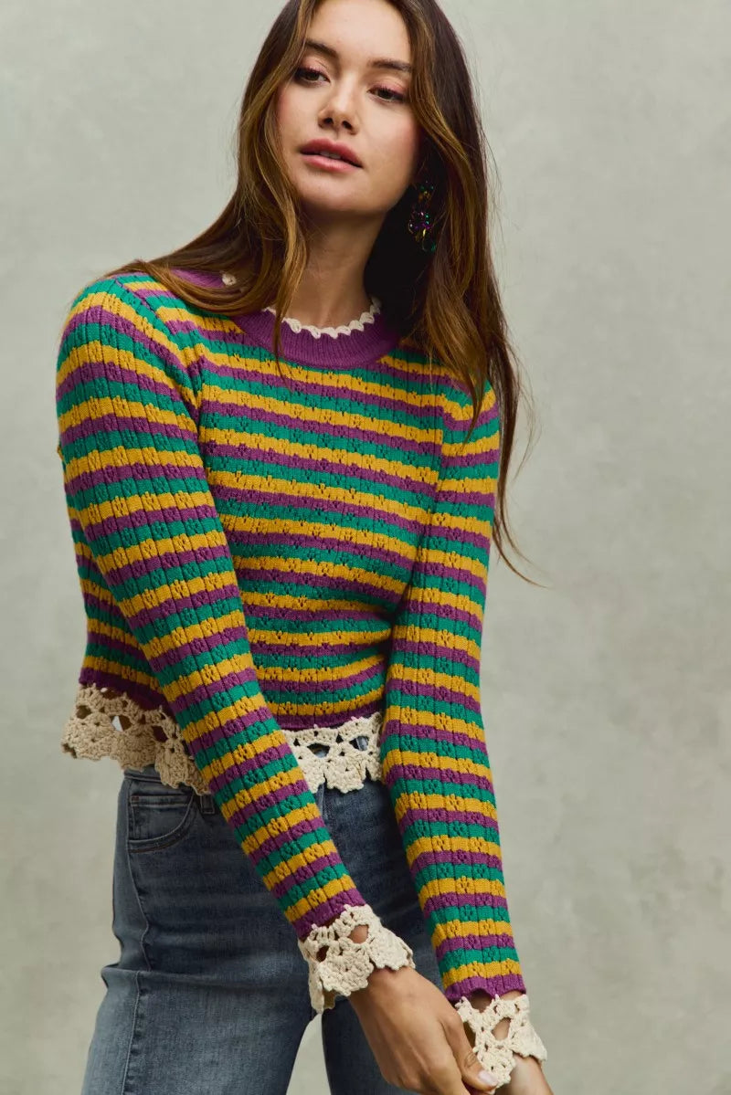 Mardi Gras Striped Cropped Knit Top -