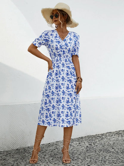 Slit Printed V-Neck Short Sleeve Dress -
