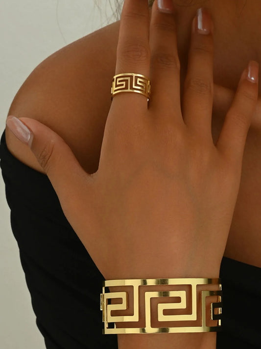 Stainless Steel Geometric Bracelet and Ring Jewelry Set - Gold One Size