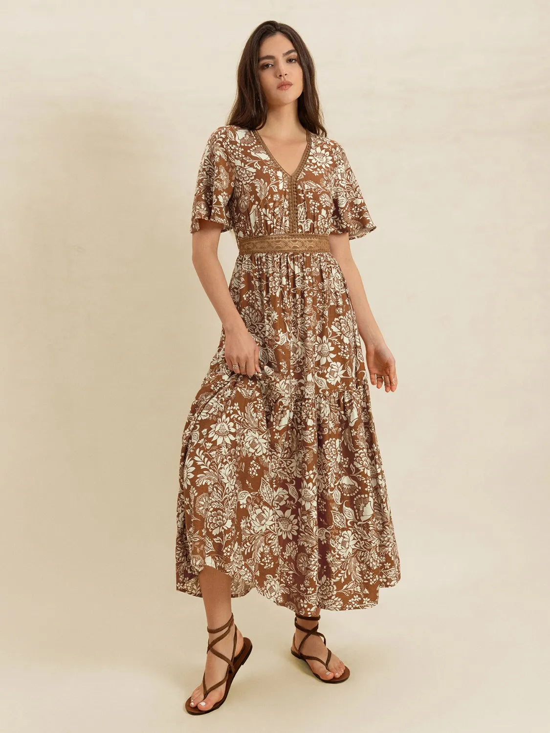 Lace Detail Printed Short Sleeve Midi Dress - Camel
