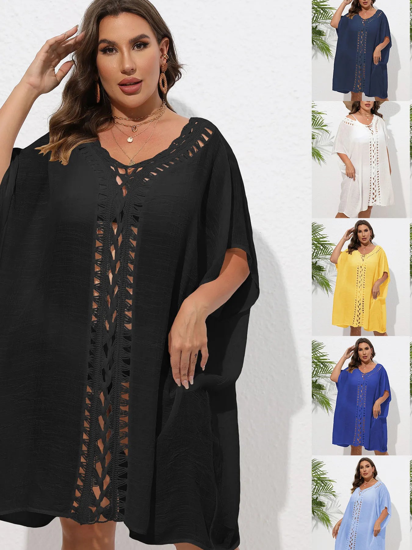 Crochet Trim V-Neck Beach Cover-Up Dress -