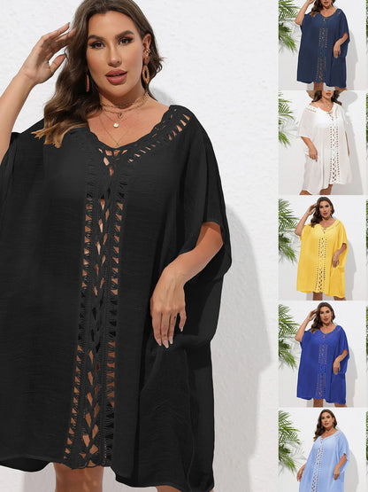 Crochet Trim V-Neck Beach Cover-Up Dress -