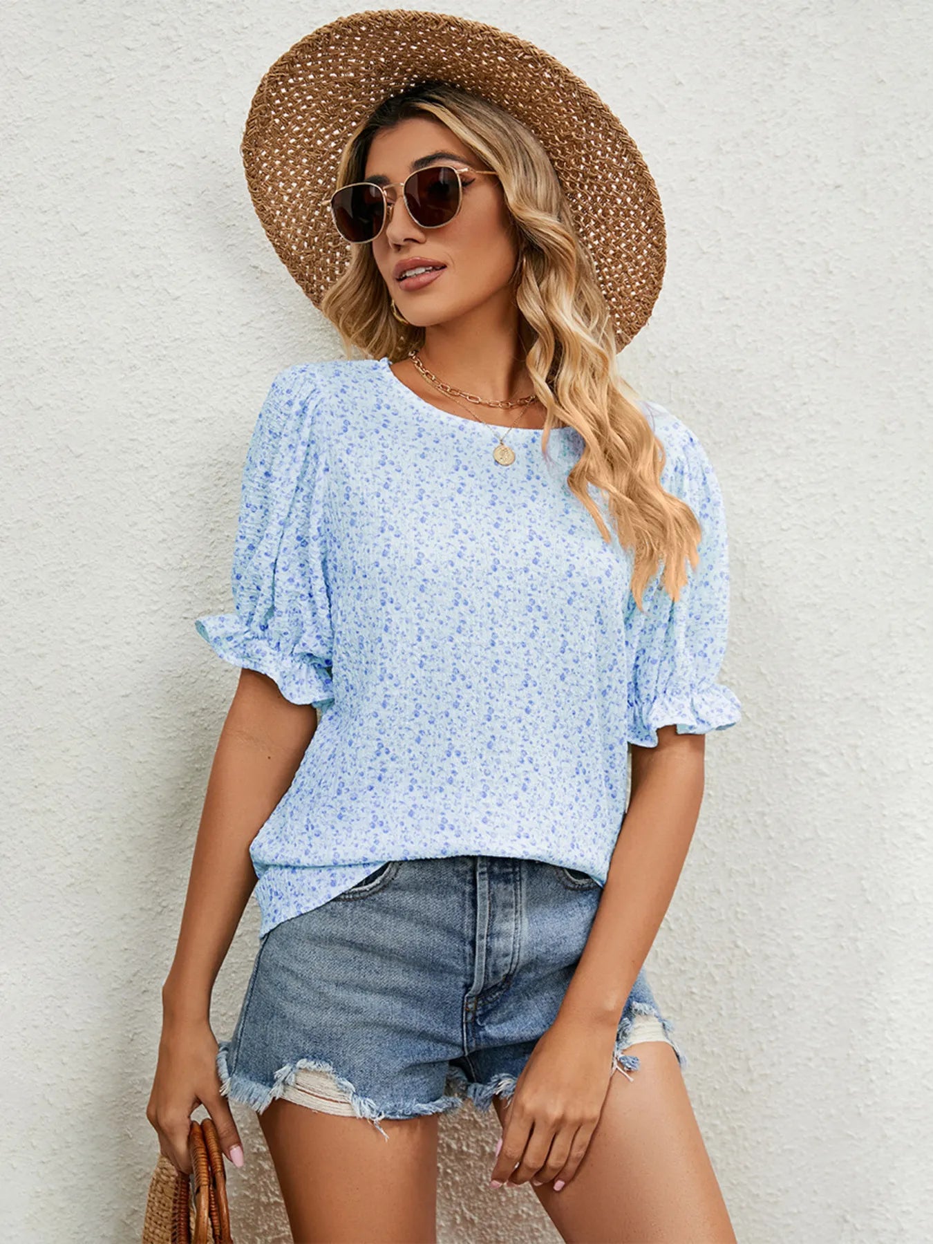 Printed Puff Sleeve Casual Blouse - Blue