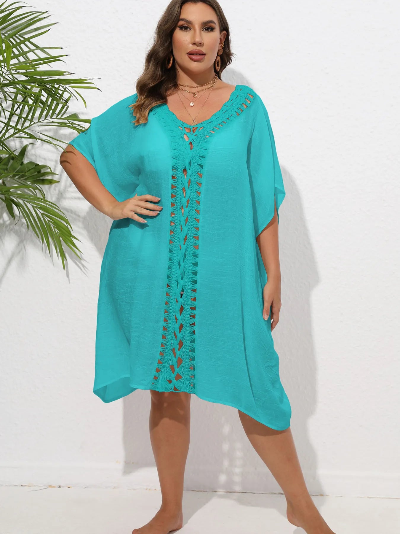 Crochet Trim V-Neck Beach Cover-Up Dress -