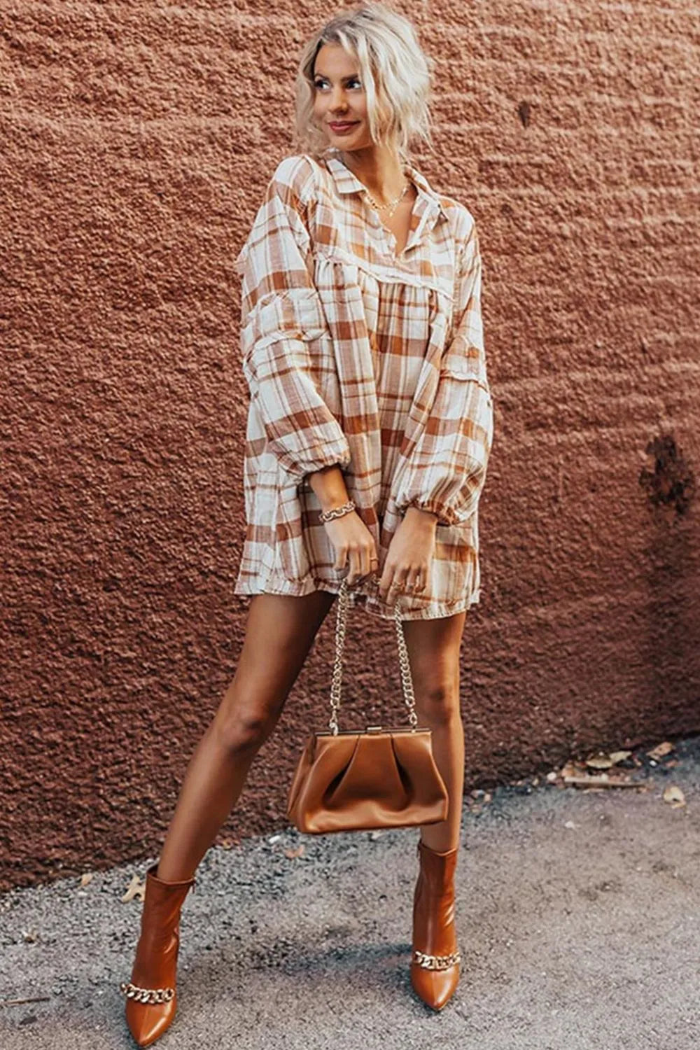 Plaid Collared Neck Long Sleeve Mini Shirt Dress -
