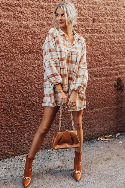Plaid Collared Neck Long Sleeve Mini Shirt Dress -