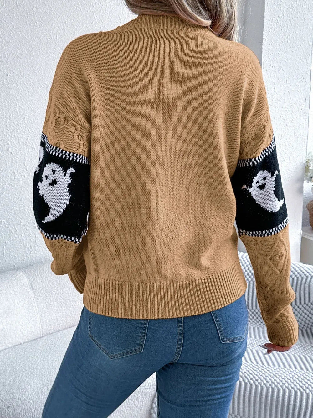 Ghost Round Neck Long Sleeve Sweater - Camel