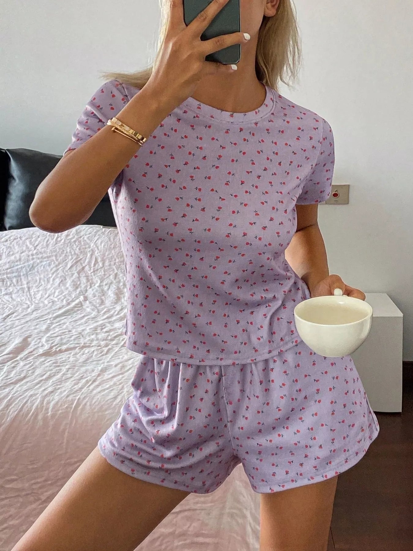 Floral Round Neck Top and Shorts Lounge Set - Purple