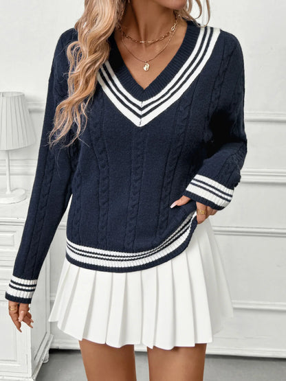 Contrast Striped V-Neck Sweater -