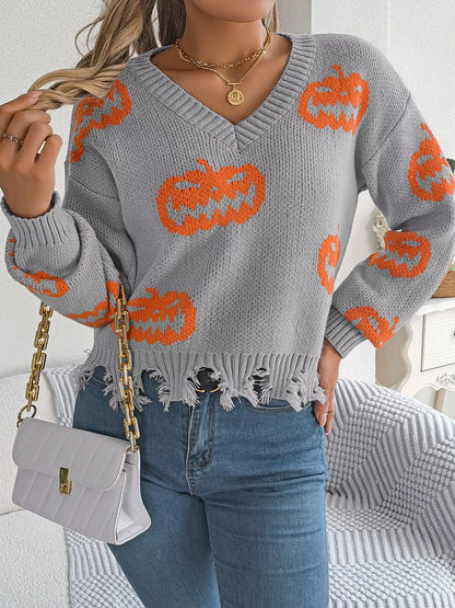 Pumpkin Pattern Raw Hem V-Neck Sweater - Gray