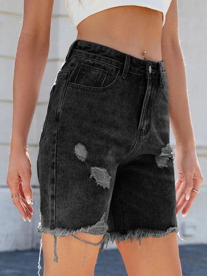 Distressed Raw Hem Denim Shorts -