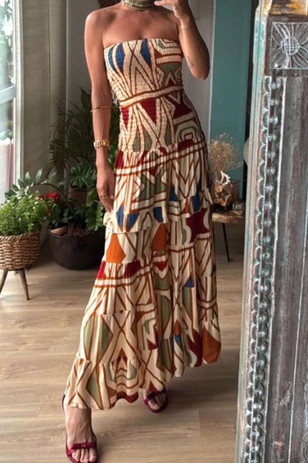 Smocked Printed Tube Dress - Multicolor