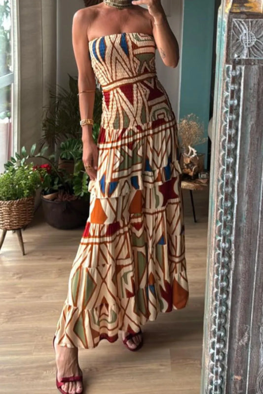 Smocked Printed Tube Dress - Multicolor